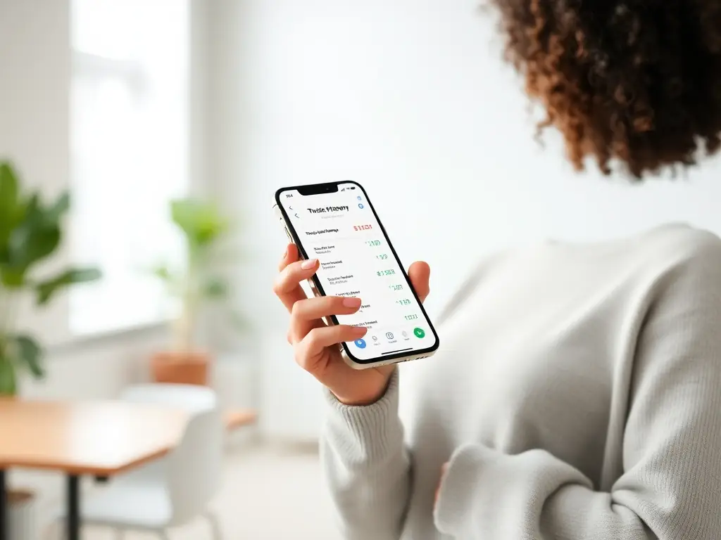 A person reviewing their transaction history on the Twisto app, showcasing the detailed tracking and reporting features available.